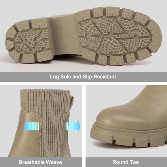 Women Taupe Suede Low Wedge Heel Slip On Chunky Platform Chelsea Ankle Boots - Picture 3 of 6